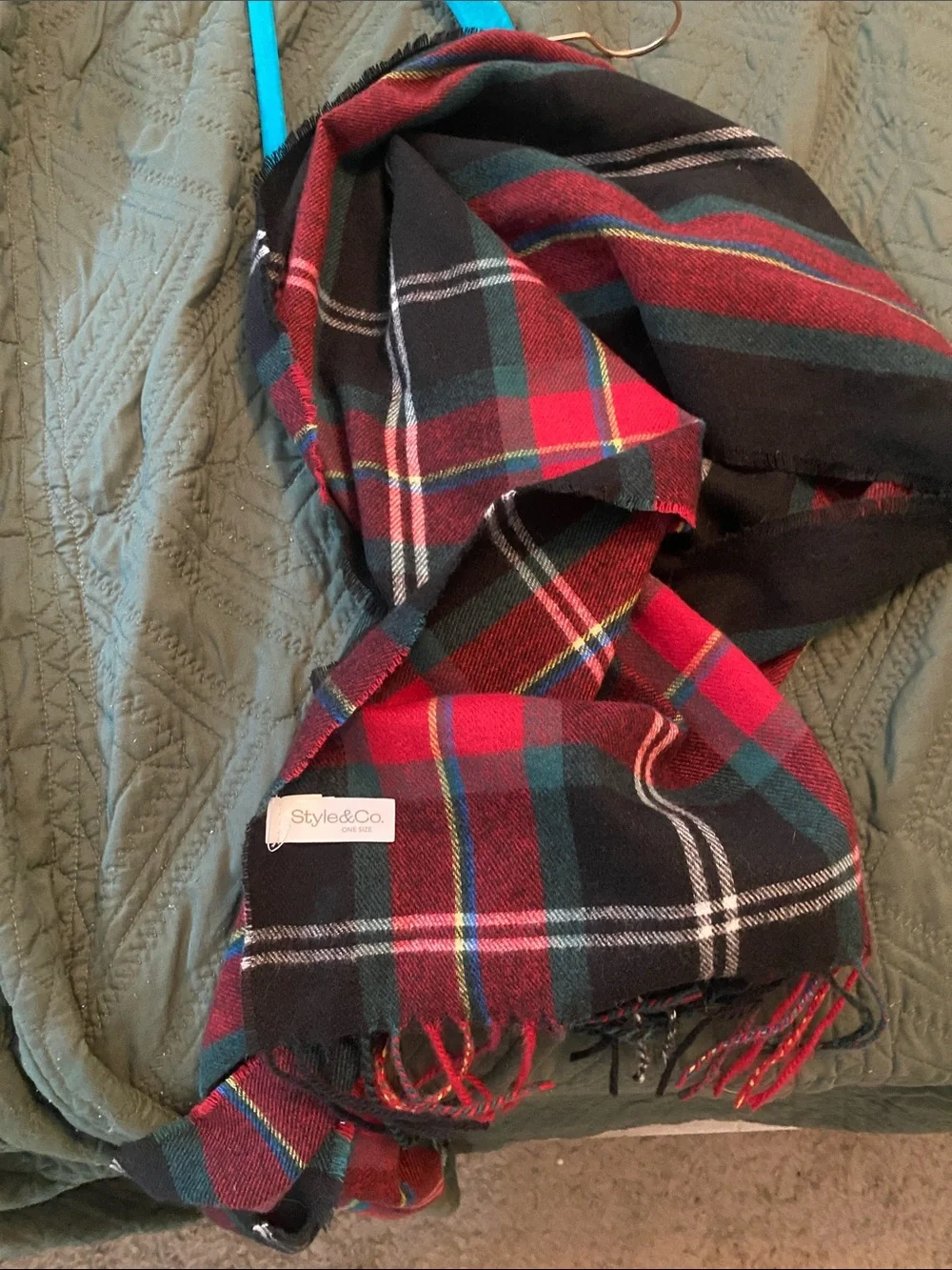 Style & Co. Black, Red & Green Plaid Fringe Wrap Scarf